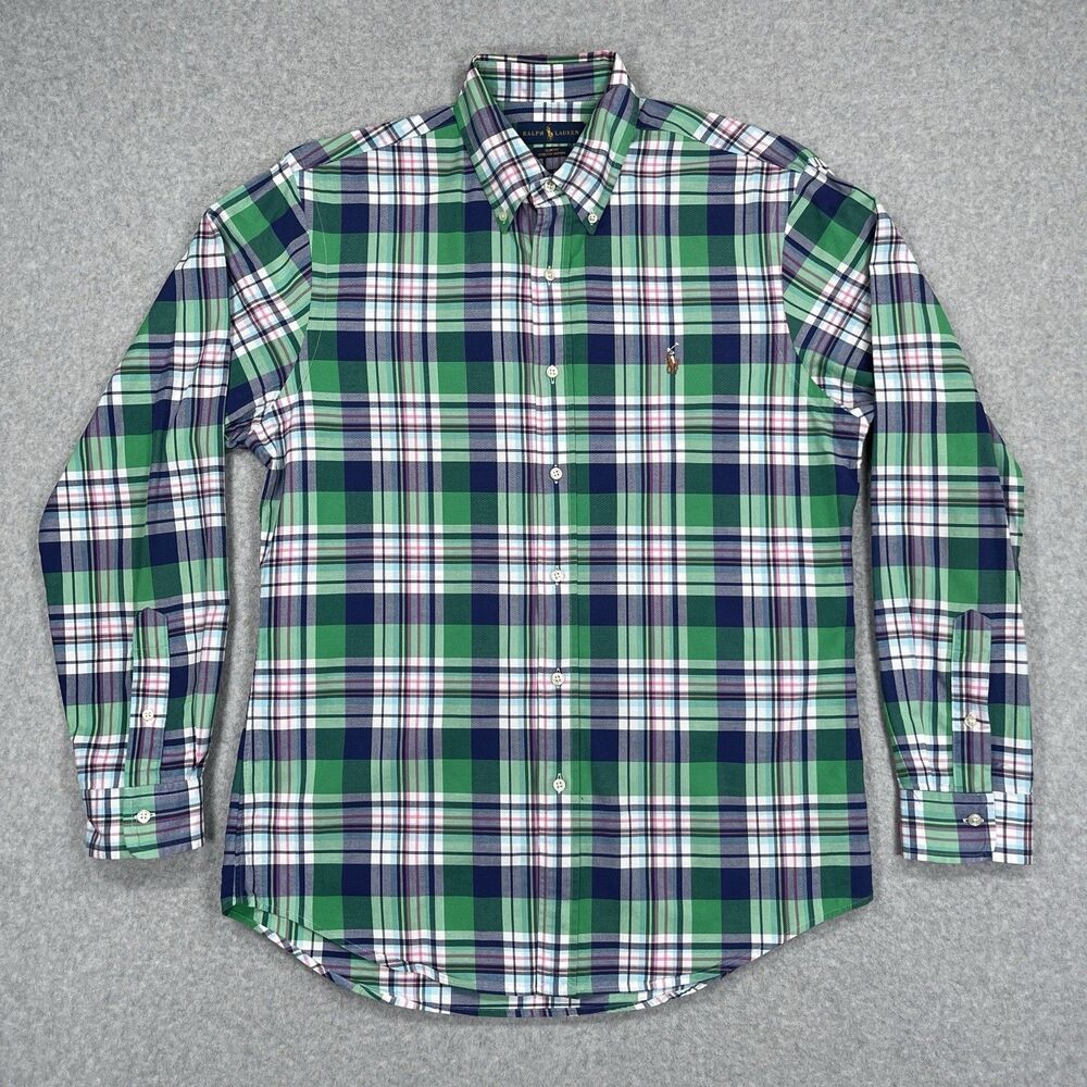 Polo Ralph Lauren Shirt Mens Large Slim Fit Madras Plaid Flesh Pony Button Down - Picture 2 of 11